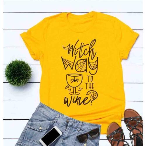 Witch way to the wine halloween T-Shirt Stylish Casual Cotton Graphic Tee Halloween Christian Aesthetic quote art Tops Outfits