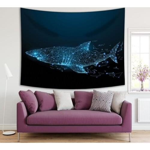 Tapestry Abstract Image of Shark Deep in Ocean Geometric Shapes Dangerous Animal Madern Technology Illustration Blue