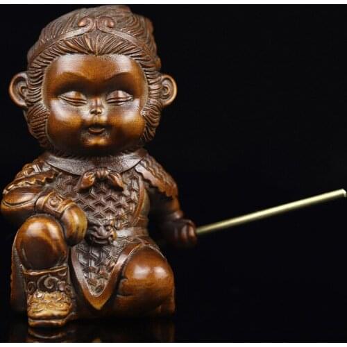 GY016 - 7 x 4.4 x 3.7 CM Monkey King Boxwood Carving Figurine Sun Wukong Sculpture Feng Shui Home Decor