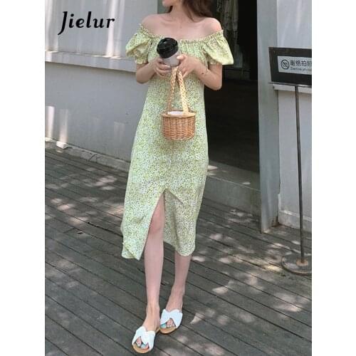 Jielur 2021 New Summer Lace Puff Sleeve Midi Dresses Women Floral High-waist Pleated Short Dress Female Square Collar Dress S- L