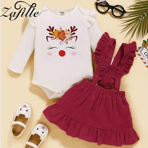 ZAFILLE Autumn Winter Baby Girl Clothes Set Cartoon Floral Girl Bodysuit Romper+Red Suspender Skirtts Newborn Clothing Outfits