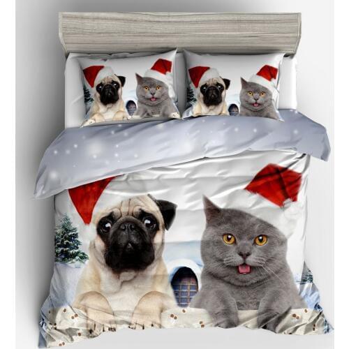 Dog and Cat Duvet Cover Sets,Dog Cat with Red Christmas Hat Printed,Kids Adults Bedroom Decor 2/3pcs Bedding Set with Pillowcase