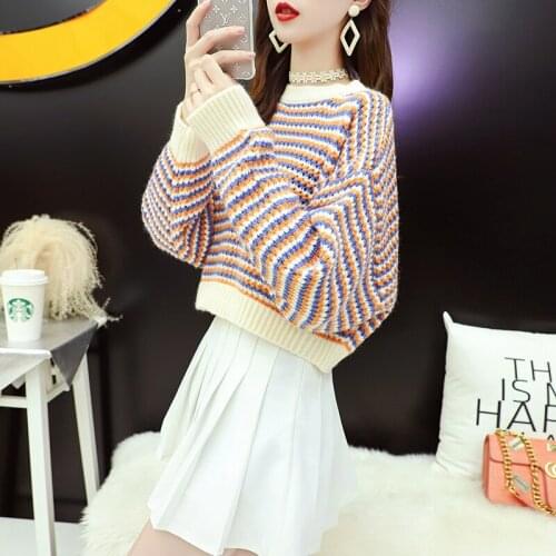 Japanese-Style Short Pullover Womens Loose Outer Wear Early Autumn High Waist Striped Knitted Top