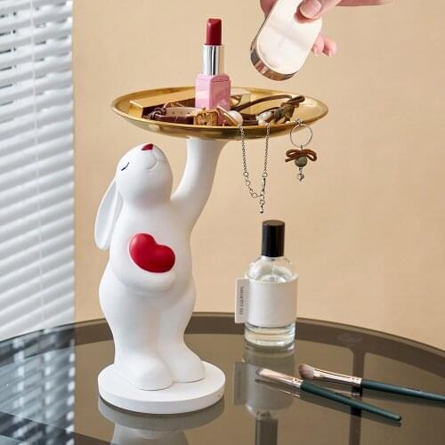 Cute White Rabbit Statue Storage Tray Nordic Home Decoration Jewelry Storage Table Decoration Resin Rabbit Sculpture Key Storage