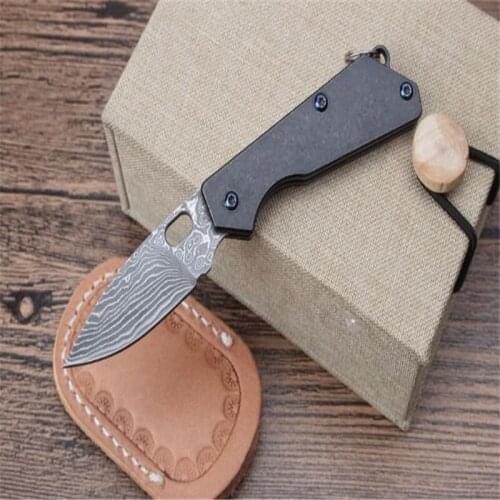 Mini Pusher Damascus Titanium Alloy Handle Key Chain Folding Knife High Hardness Outdoor Survival Self-Defense Tactical EDC Tool