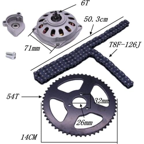 Mini Bike Rear Sprocket Chain Set, 54T 26mm Rear Sprocket and 6 Teeth Gear Box