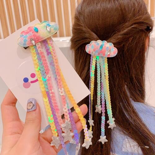 Korean Fashion Sequins Tassel Alligator Hair Clips Colorful Glitter Star Cloud Hairpin Ponytail Pins Children Girls Accessories