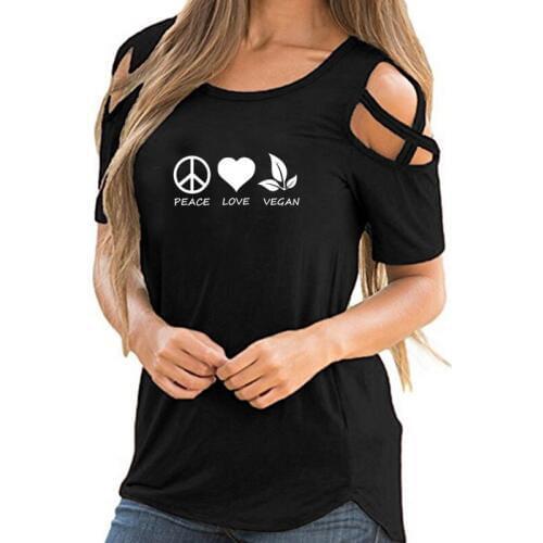 Fashion New Peace Love Vegan T Shirts Women Short Sleeve O-Neck Cotton Girls Clothing Tees