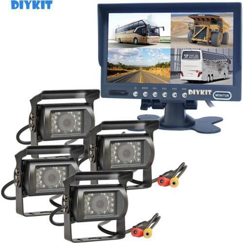 DIYKIT 7" 4 Split QUAD Rear View Monitor Car Monitor + 4 x CCD IR Night Vision Rear View Camera Waterproof for Truck Bus RV