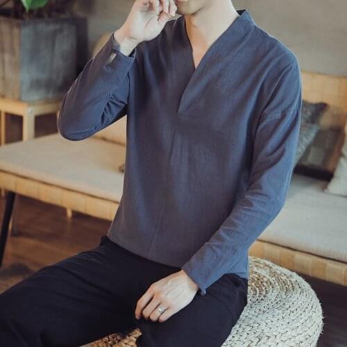 Plain Color Autumn Long Sleeve Hanfu Men Chinese Blouse V-Neck Cotton Traditional Chinese Clothing For Men Shirt Male KK3573