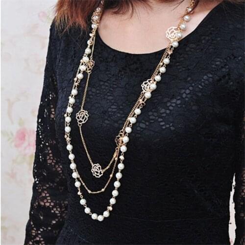 Popular Necklace Long Faux Peal 3 Multi Row Camelia Layer Flower Sweater Chain Women Gift