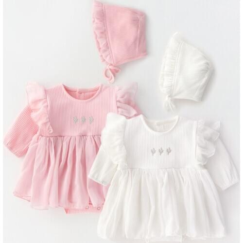 Baby Girls Dresses Infant Newborn Bodysuits+Hat 2pcs/set Kids wedding Party Birthday Christening Clothes Ball Gown 0-12M 3Color
