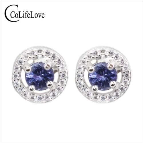 Promtion silver tanzanite stud earrings 4 mm round natural tanzanite silver earrings 925 sterling silver tanzanite jewelry