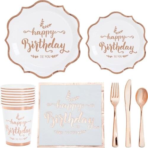 Rose Gold Stamping Disposable Tableware Happy Birthday Paper Plate Cups Party Napkins Birthday Party Decorations Kids Adult