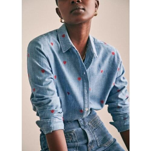 New Spring Autumn Fashion Classic Cotton Imitation Denim Design Love Embroidery Shirt Straight Tube Lapel Long Sleeve Top I1