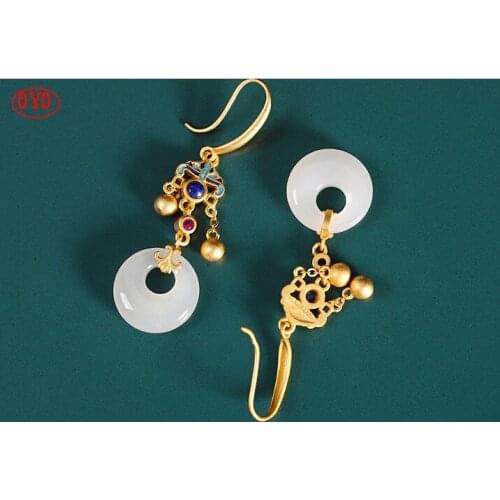 S925 silver jewelry earrings ethnic wind burnt blue womens Hetian jade tassel earrings