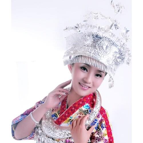 Miao Hat Hmong Headdress Traditional Oriental Minority Chinese Folk Dance Hair Accessories Costume Miao Silver Hats Jewelry