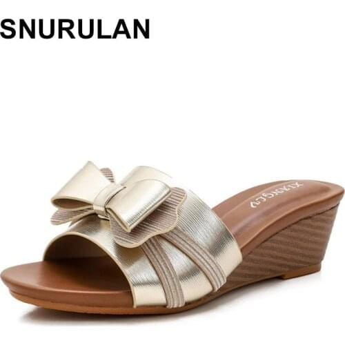 SNURULAN2021 New Women 5cm Wedges Heels Slippers Summer Ladies Bohemian Style Fashion Sweet Butterfly-Knot Open Toe Beach Casual