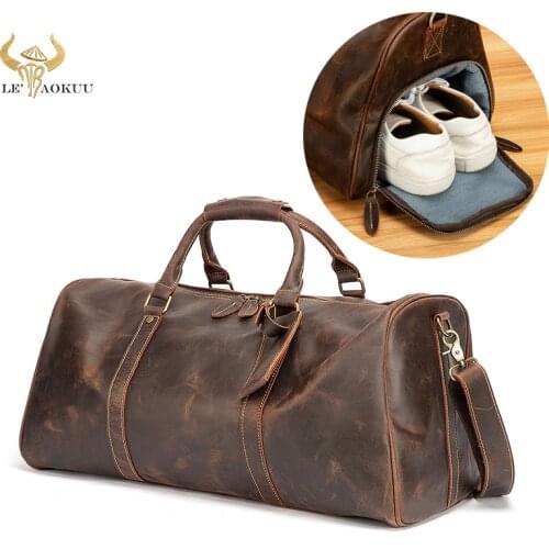 Thick Crazy Horse Leather Male Heavy Duty Vintage Design Handbag Duffle Gym Luggage Bag Large Travel Suitcase Tote Bag 3081