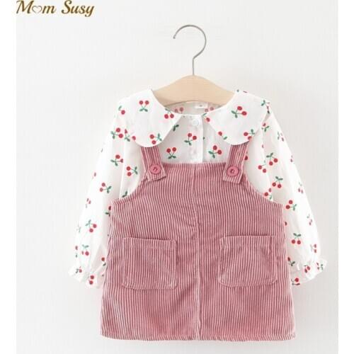 Newborn Baby Girl Corduroy Strap Dress Suit Infant Toddler Baby Shirt+Overall Dress 2pcs Girl Dress Suspender 0-2Y