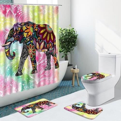 Animal African Elephant Shower Curtain Vintage Boho Pattern Non-Slip Flannel Rugs Toilet Cover Bath Mats Bathroom Set Floor Mat