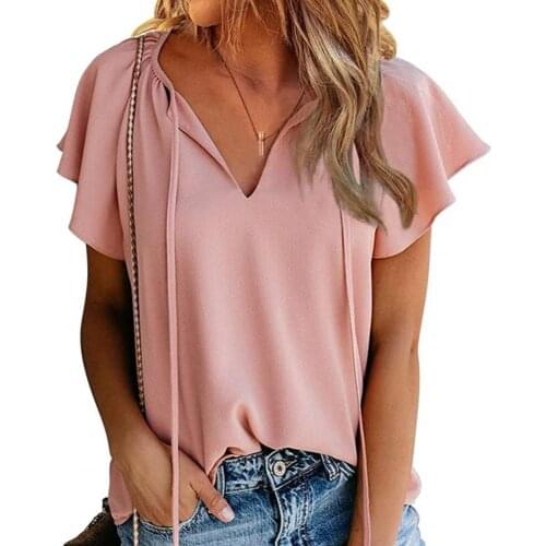 2021 New Fashion Women T-shirt Floral Print V Neck Breathable Ruffle Short Sleeve Tie Summer T-shirt Streetwear Camis