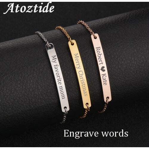 Atoztide Personalize Women Bar Chain Bracelet Adjsutable Stainless Steel Engraving Letter Name Buckle Bracelets Friendship Gift