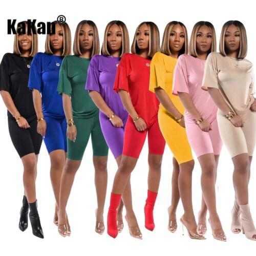KaKan 2020 New Womens Jumpsuit Two-piece Suit Casual Solid Color Slim Short-sleeved Sports Jumpsuit Two-piece Suit