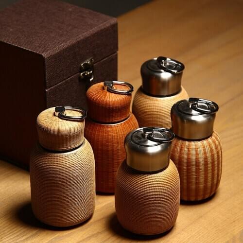 Handmade bamboo buckle porcelain 304 stainless steel vacuum flask mini tea cup portable boiling water cup gift box