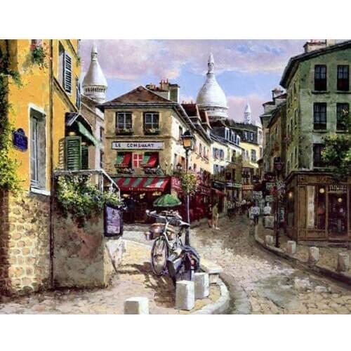 Free shipping Mediterranean architecture street motorcycle landsacpe oil painting canvas prints on canvas art decoration picture