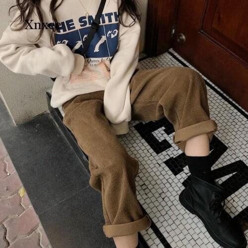 Bf Style Pockets Corduroy Long Pants Women Solid Elastic Waist Chic Straight All-Match Flat Harajuku Trousers Fashion Bottoms