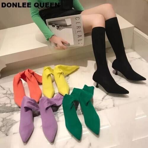 Ankle Boots Women Pointed Toe Sock Boots Thin Heels Booties Ladies Shoes Fashion Stretch knit Candy Color Boots For Party Mujer