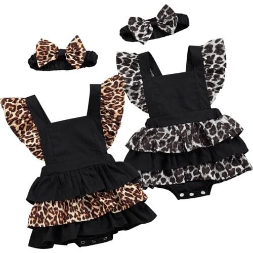 Baby Leopard Print Clothes Set, Flying Sleeve Square Collar Jumpsuit with Ruffles + Bow-knot Headband