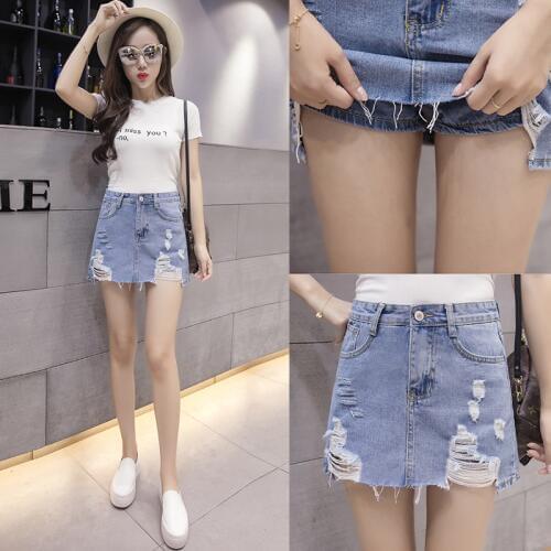 Denim skirt large size denim skirt women summer 2019 new hole high waist denim skirt skirt package hip pants skirt