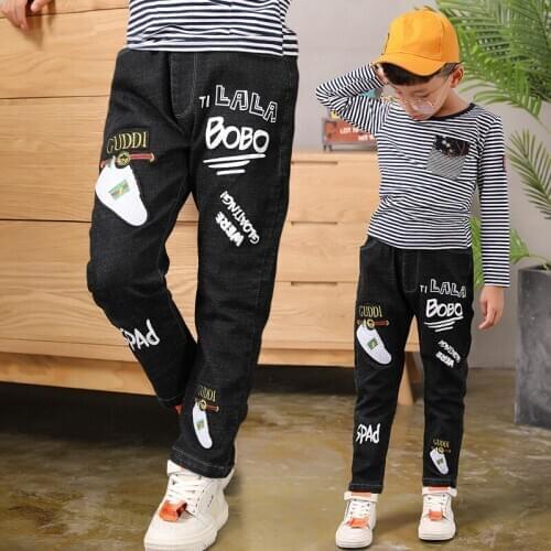 2019 Big Boys Jeans Fashion Teen-ages High Quality Elastic Waist Cotton Full Length Jeans Appliques Straight size 100-160