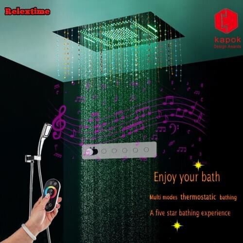 Crystal Pendant Bluetooth Music LED Ceiling Shower Head large-flow Push Button Bathroom Concealed Shower Set Thermostatic Faucet