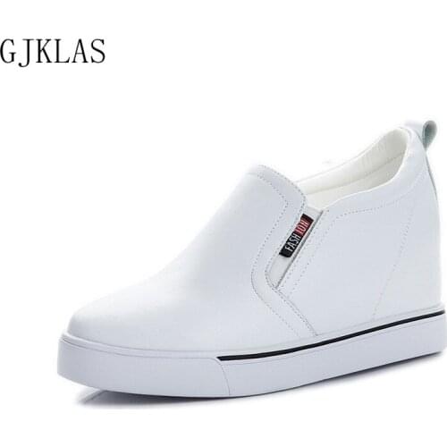Hidden Heel Genuine Leather Platform Sneakers Slip on Wedges Shoes for Women Black White Sneakers Fashion Shoes Woman Loafers