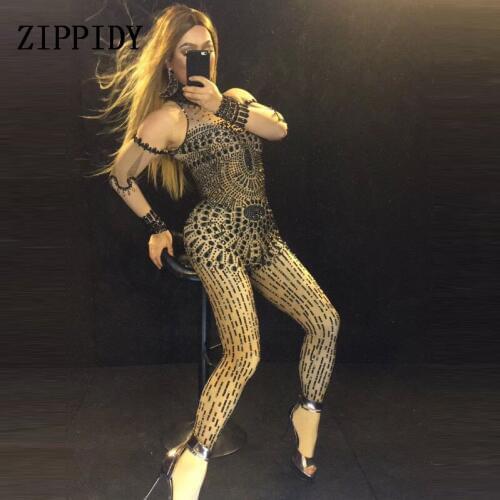 Fashion Black Big Rhinestones Glisten Crystals Jumpsuit Stage Ds Performance Outfit Celebrate Costume Unique Big Stretch Rompers