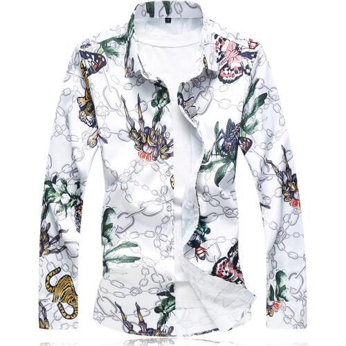 2021 new White Mens Flower Shirt Long Sleeve large size 7XL Shirt Men Fashion Casual Mens Shirts Slim Design Camisa