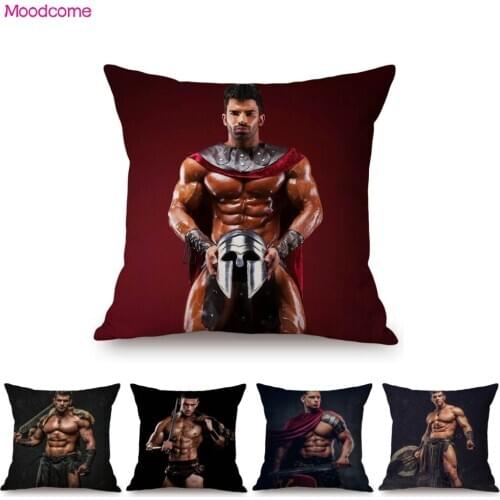 Muscle Gym Bodybuilder Ancient Rome Solider Warrior Gladiator Handsome Sexy Man Male Sofa Pillow Cover Linen Gay Cushion Cover