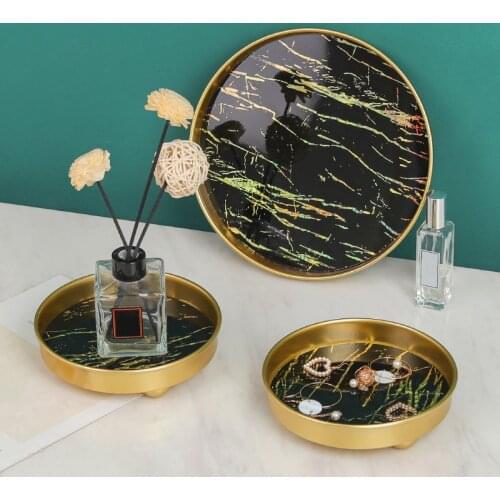 Nordic Iron Marbling Tray Metal Cosmetic Jewelry Storage Tray Round Plate Dressing Desktop Decor