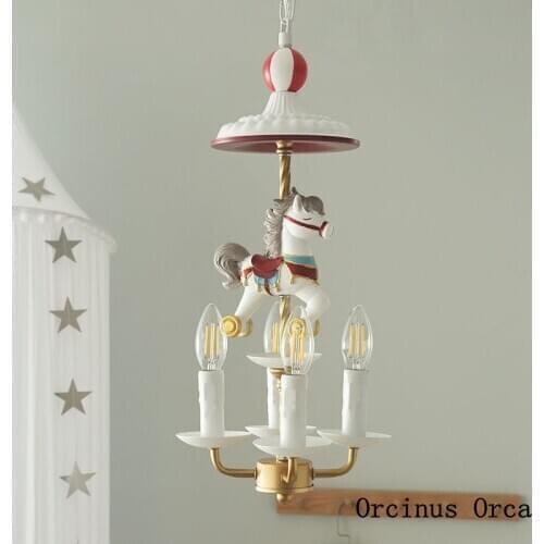 The latest American retro Trojan chandelier Boy Girl Bedroom childrens room lamp creative color cartoon pony Chandelier