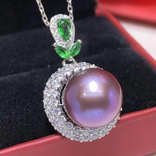 D113 Fine Jewelry 925 Sterling Silver Natural Fresh Water Purple Pearl 12-13mm Pendants Necklaces for Women FIne Pearls Pendants