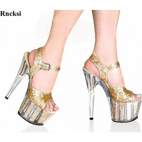 Rncksi New Gold Crystal Glitter Sandals 15cm Ultra High Heels Platform Dance Shoes Gorgeous 6 Inch Crystal Shoes