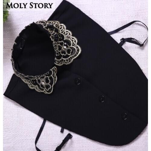 Chic Luxry Handmade Beaded Gold Embroidery Fake Collar Shirt for Women Detachable Black Lapel Chiffon Fake Shirts Collar