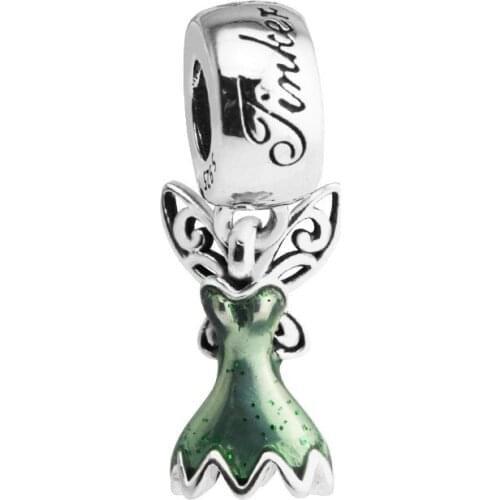 Glittering Green Enamel Fairytale Wings Dress Dangle Silver 925 Original Charms for Bracelets Women Jewelry DIY Making Pendant