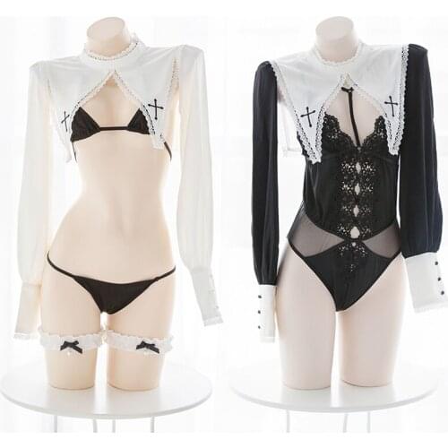Japanese Uniform Nun Vacuum Sexy Lingerie Top Hollow Long Sleeve Sexy Top Ultra Short Clothing Sexy Clubwear Sexy Lingerie