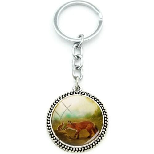 TAFREE Cartoon Rabbit and Elf Funny Glass Pendant Round Jewelry Glass Gem Cabochon Keychain Metal Keychain For Friends