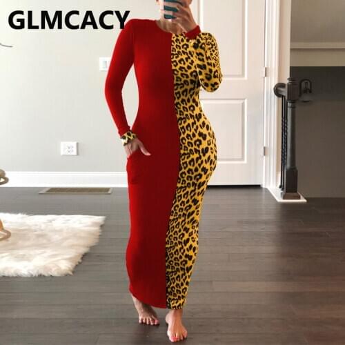 Women Casual Long Sleeve Dress Leopard Colorblock Slim Maxi Dresses