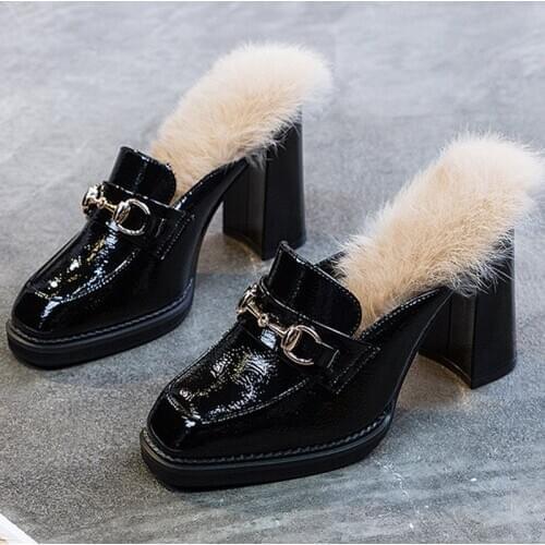 High-heeled shoes womens 2020 new autumn winter all-match thick-heeled Baotou hairy half slippers fashion outer wear тапочки